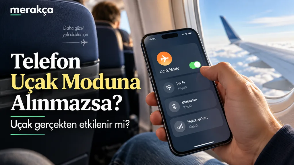 Uçak kabininde telefonunu uçak moduna alan yolcu