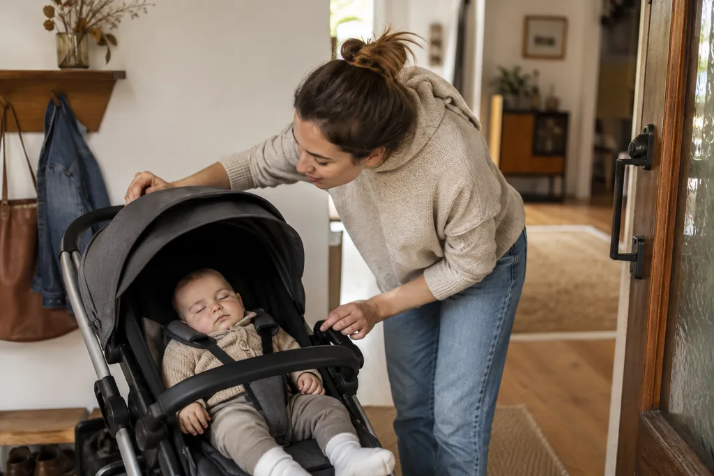 Eve geldikten sonra bebek arabasında uyuyan bebeğini kontrol eden anne