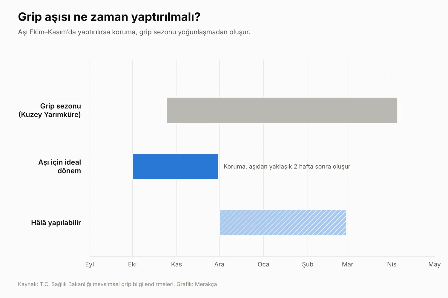 Grip sezonu, aşı için ideal Ekim–Kasım dönemi ve Şubat sonuna kadar uzanan geç aşı dönemini gösteren takvim grafiği