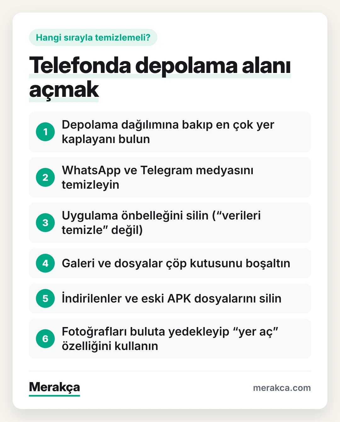 Telefonda depolama alanı dolu uyarısı için önerilen temizlik sırası